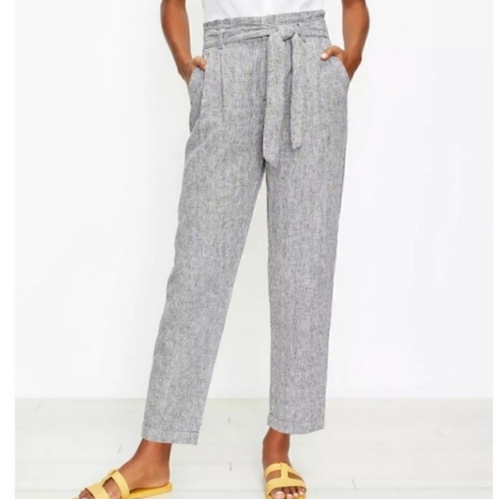 Loft Black Pinstripe Paperbag Waist Linen Blend Pants